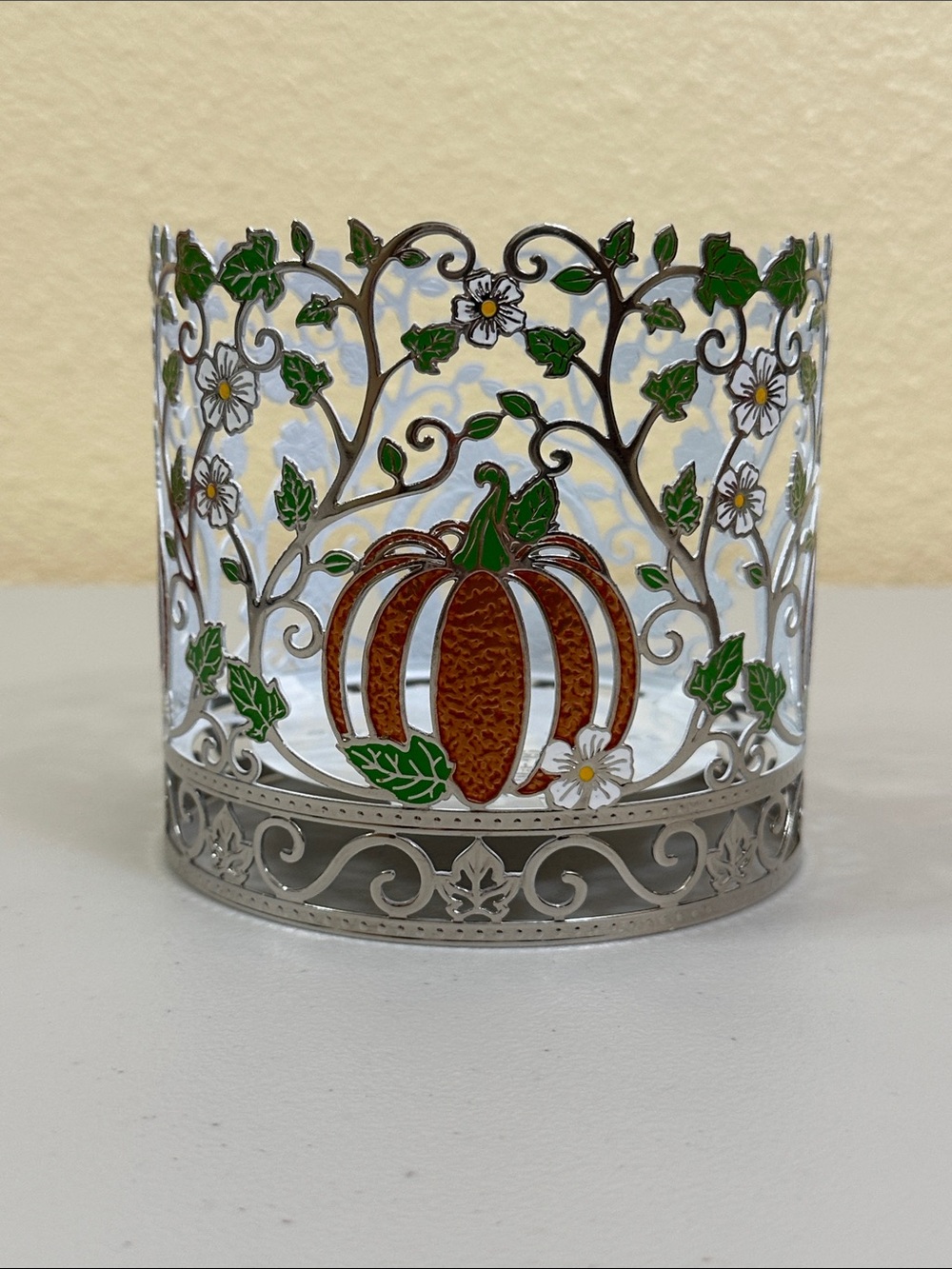 Decorative Silver Pumpkin Filigree Jar Candle Holder - Orange & Green